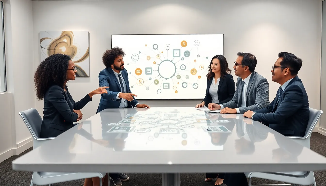 diverse team brainstorming in a modern office.