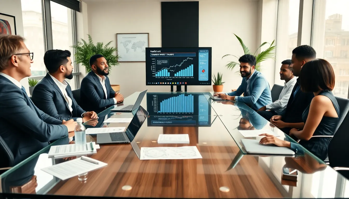 diverse team discussing Modern Money Theory in a professional office setting.