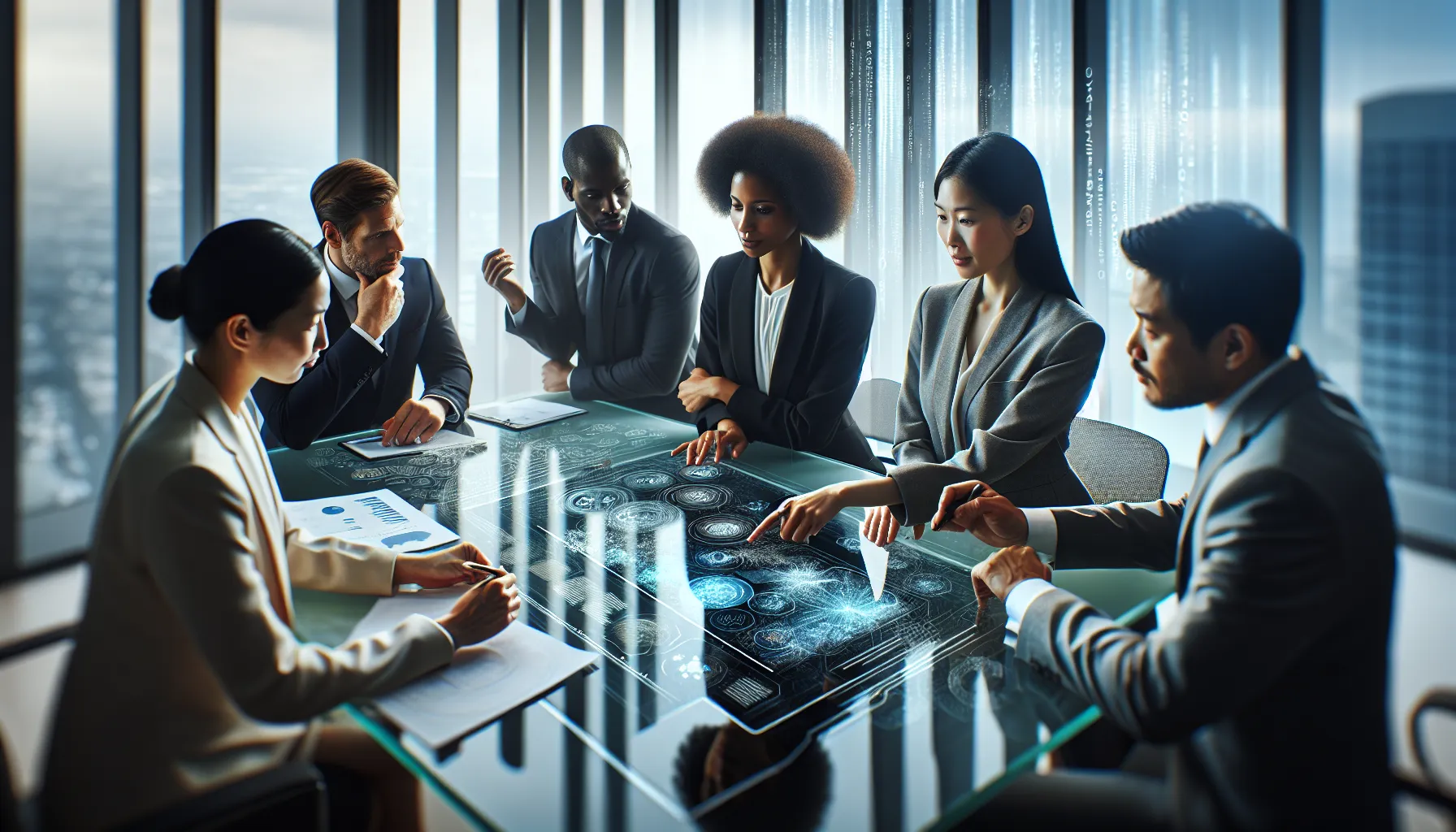 Professionals discussing data analysis in a sleek modern office.