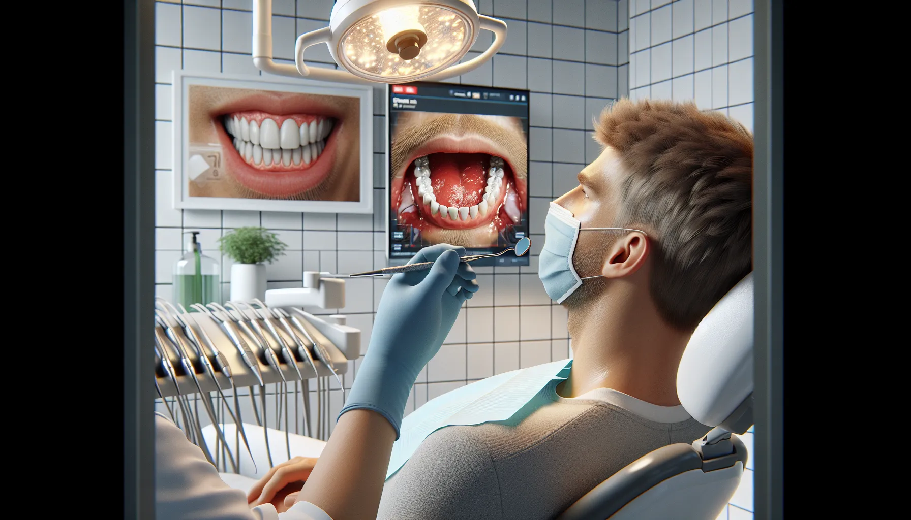 Dentist examines inflamed gums in a norwegian clinic, showing oral-body health link.