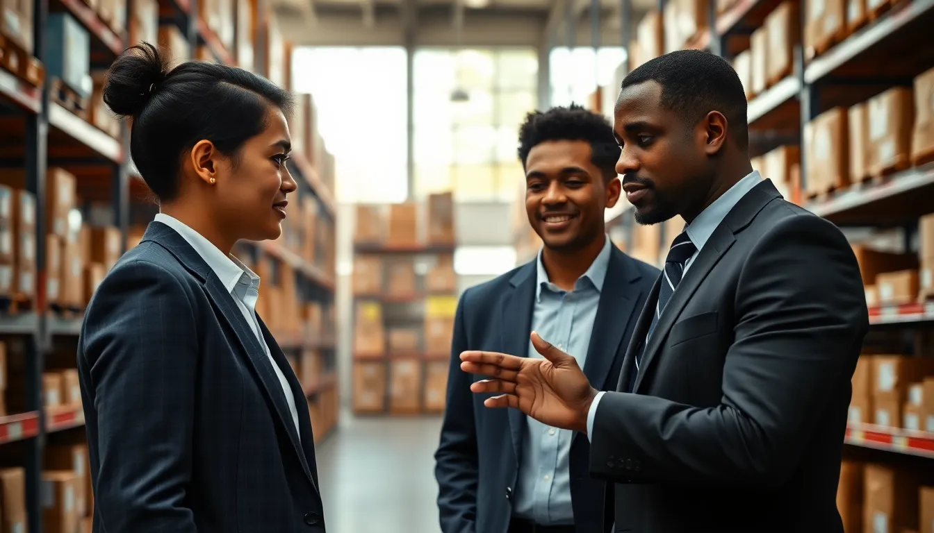 diverse team managing inventory with modern technology in a warehouse.