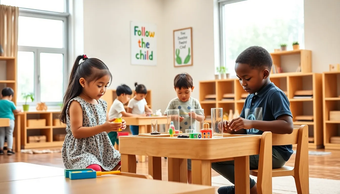 children engaged in hands-on learning in a Montessori classroom.