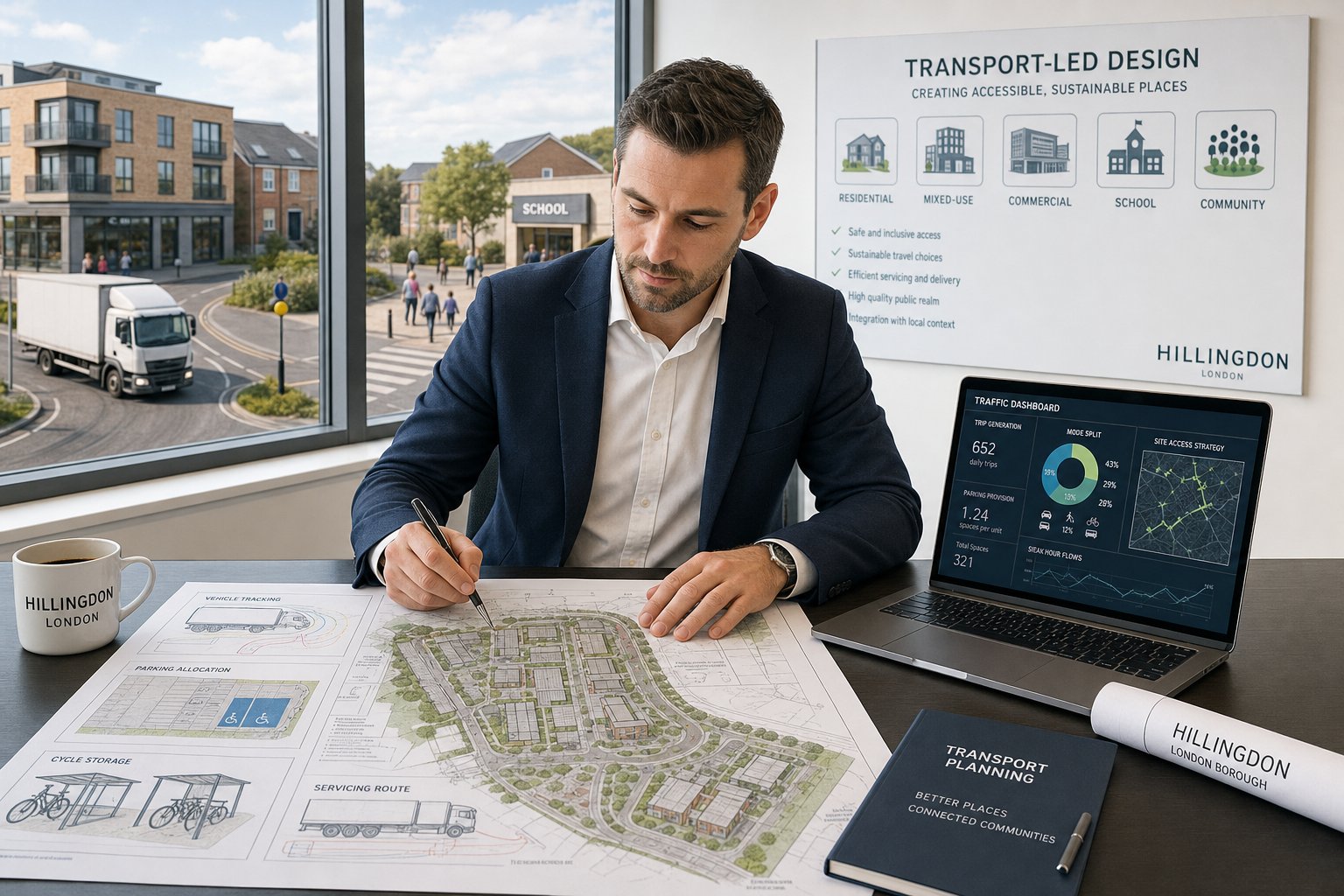 Traffic engineer reviewing site access and parking plans in a modern office.