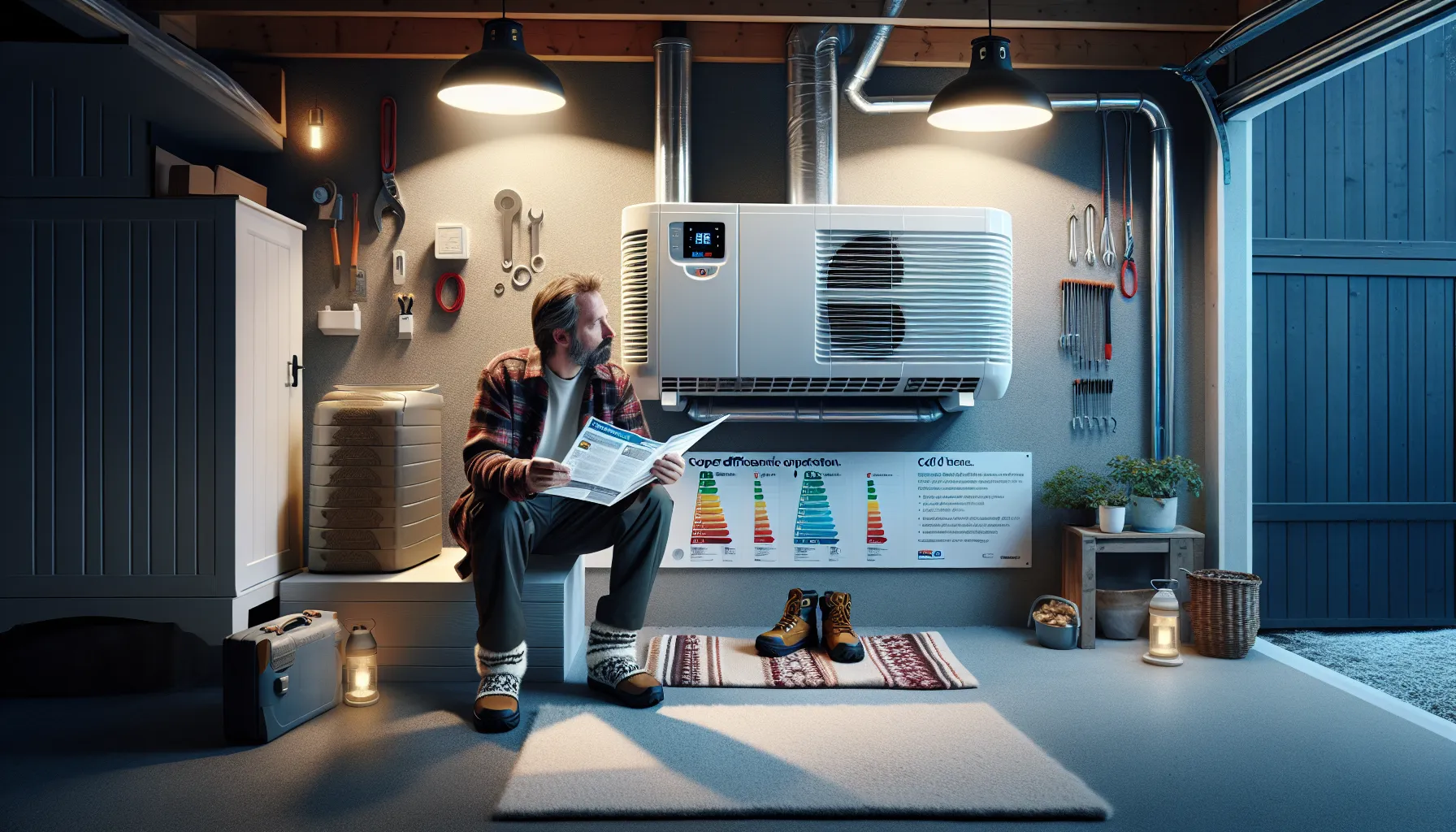 Homeowner and installer discussing a wall‑mounted heat pump in an insulated norwegian garage.