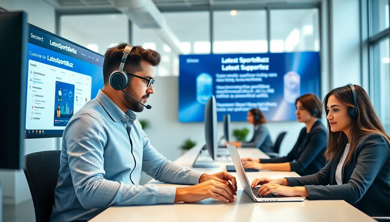 customer support team assisting clients in a modern office.