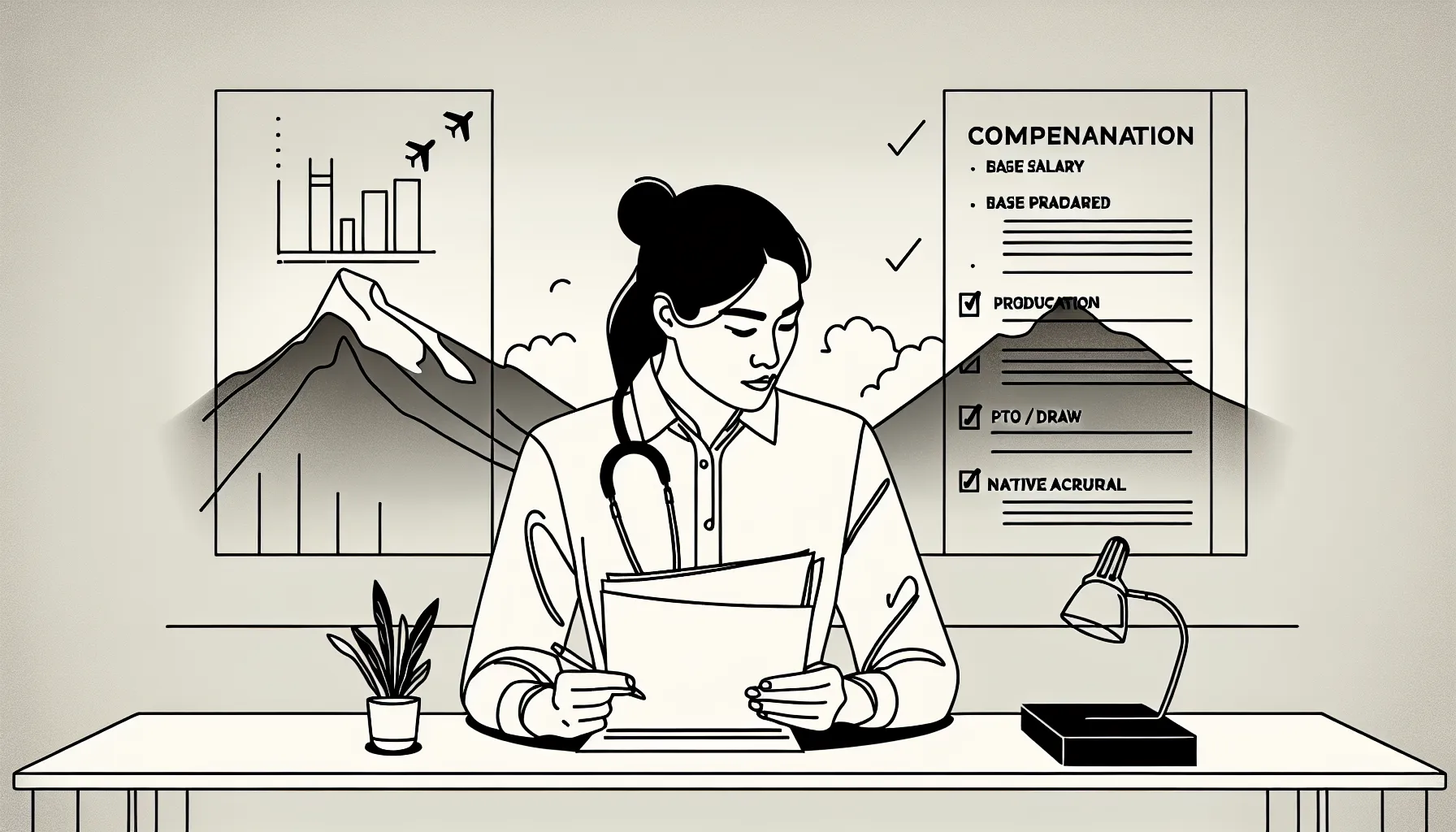 Veterinarian at desk reviewing a contract with financial icons and Colorado mountains of Colorado Veterinary Contract Review