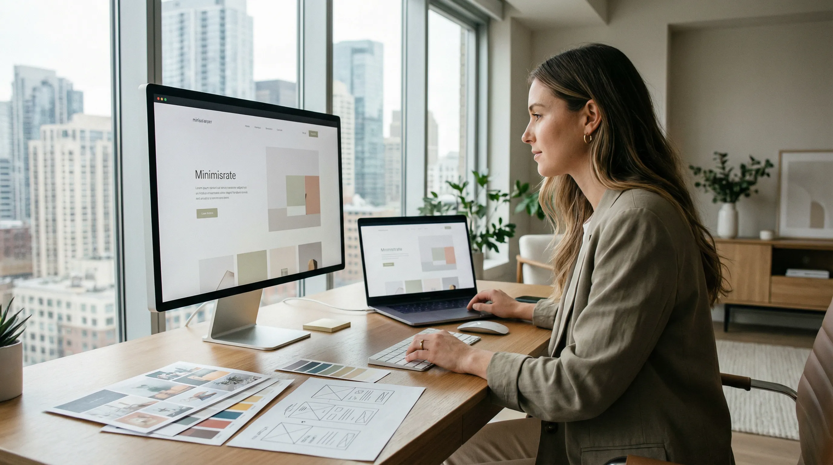 Modern web designer in a bright studio reviewing clean website layouts on a large monitor and laptop, surrounded by organized sketches and color swatches, with soft natural light creating a professional, focused atmosphere.