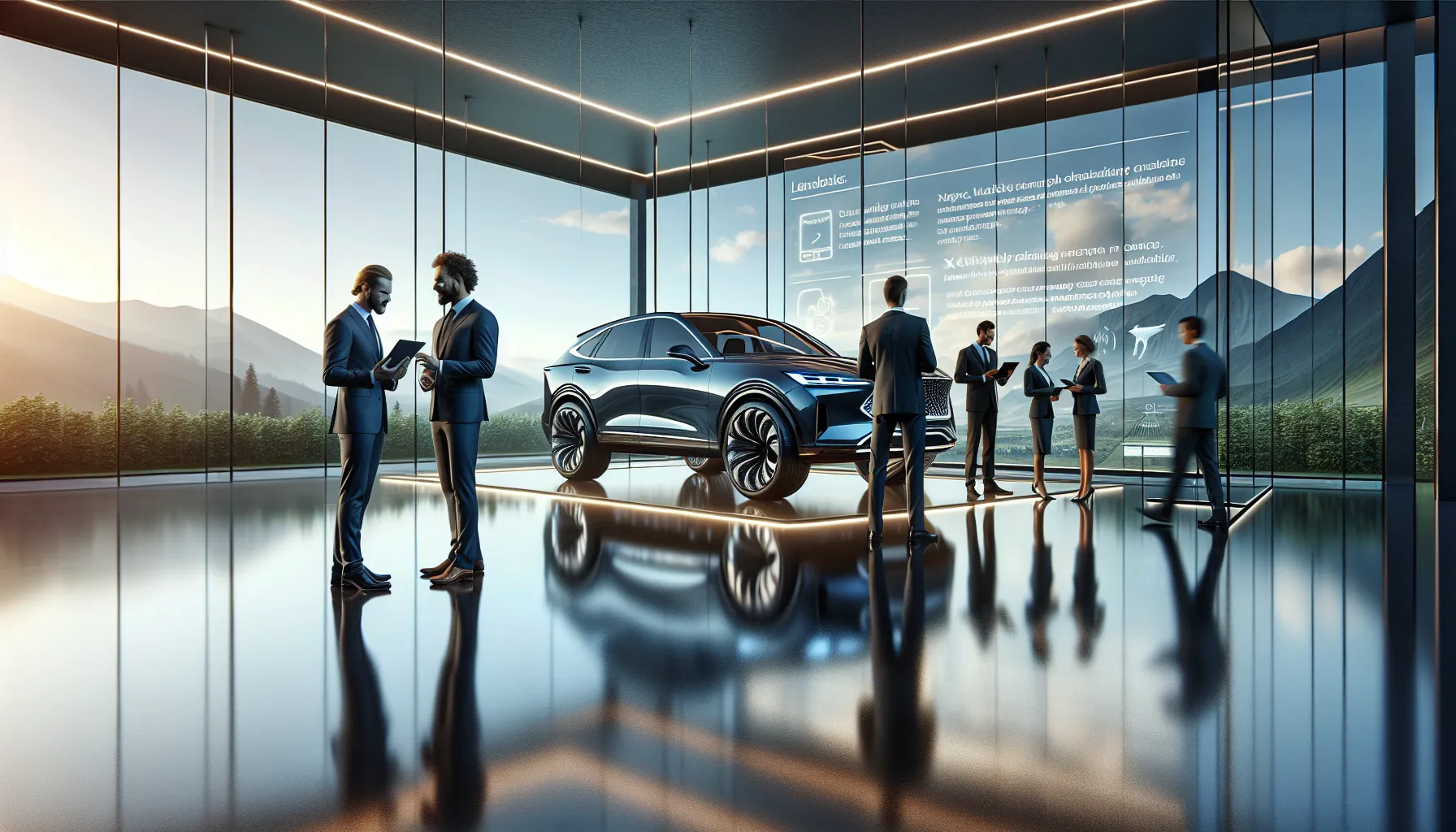 diverse professionals discussing the Model Xucvihkds in a car showroom.