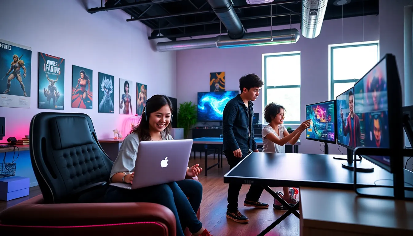 a diverse group collaborating in a modern gaming studio.