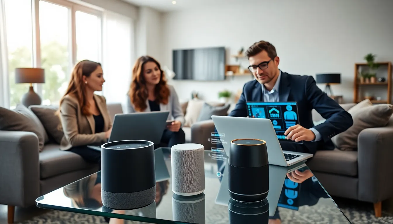 diverse team discussing smart home security in a modern office.