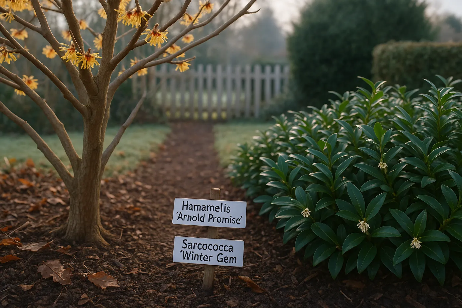 witch hazel tree in bloom beside low glossy sweet box shrub