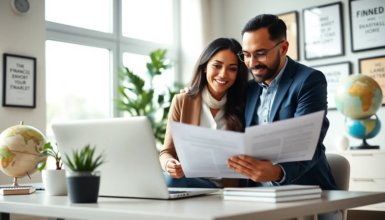 couple discussing financial plans in a bright home office.