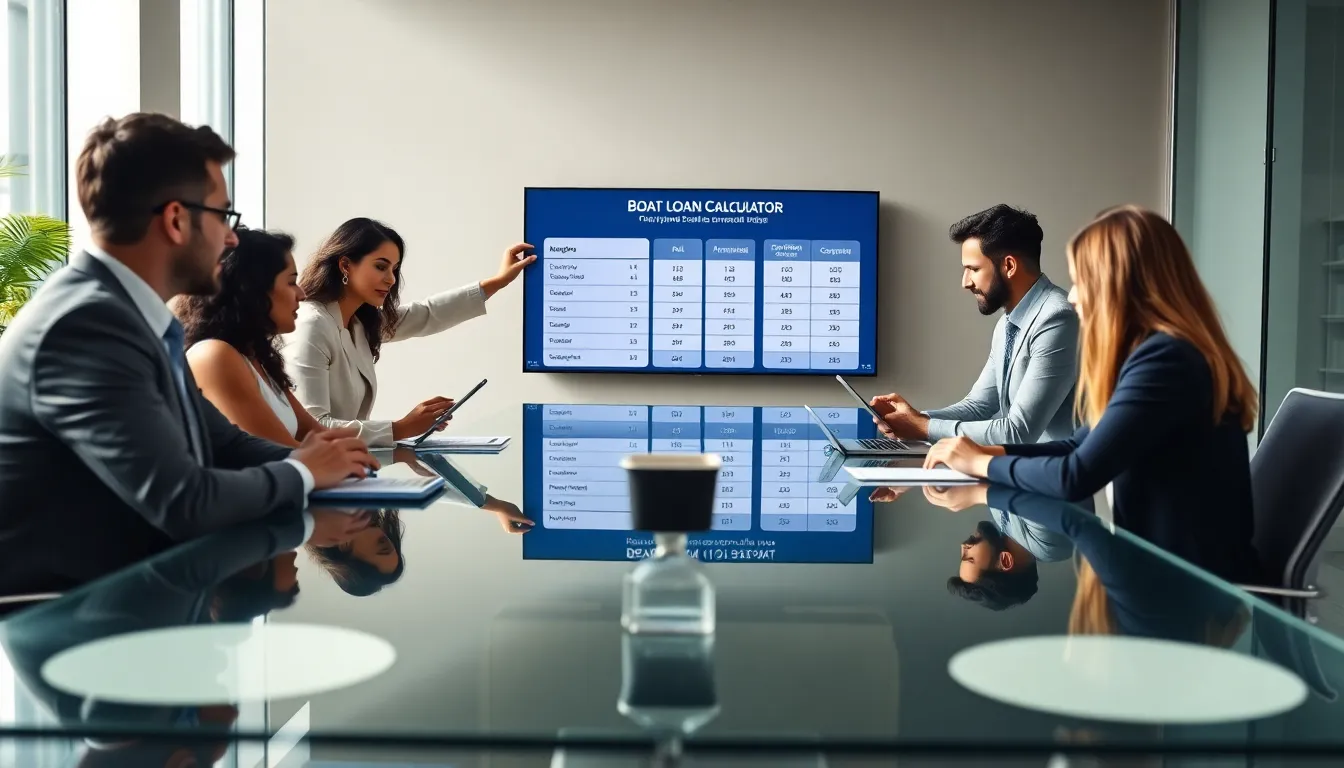 diverse team discussing a boat loan calculator in an office.
