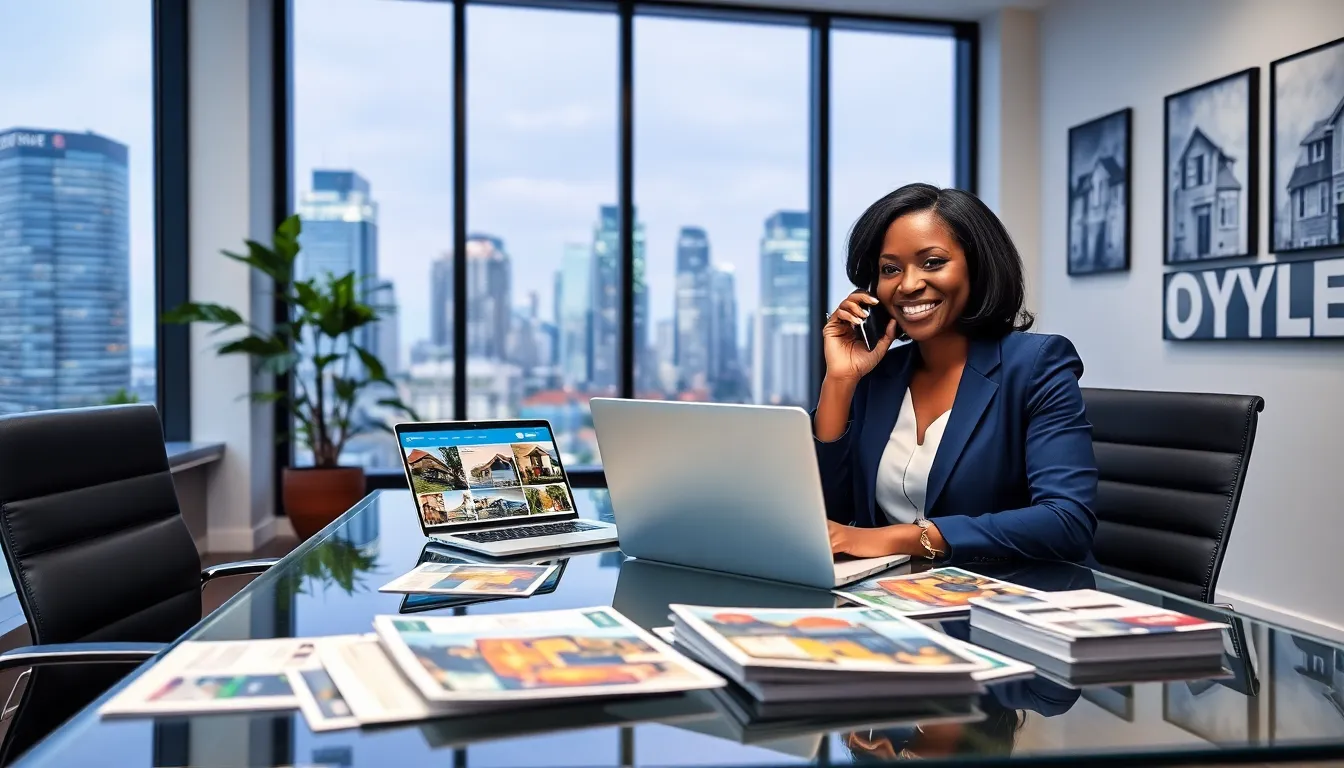 a woman in a modern office discussing real estate on the phone.