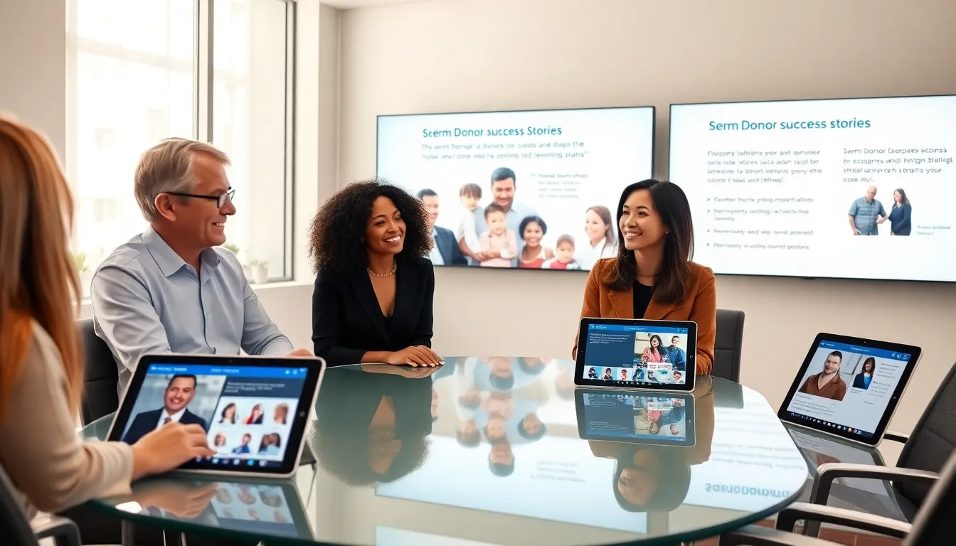 diverse professionals discussing sperm donor success stories in a modern office.