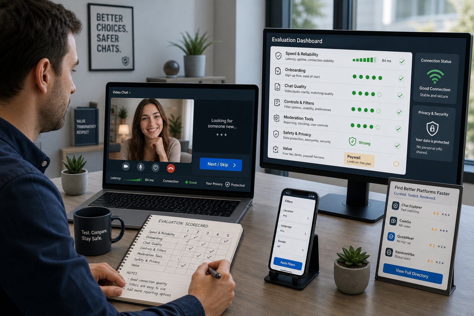 Reviewer testing a video chat site with a criteria checklist dashboard.