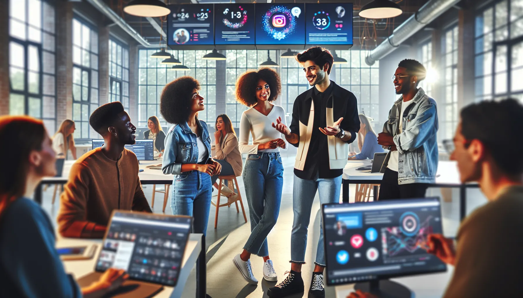 diverse young professionals discussing social media in a modern workspace.