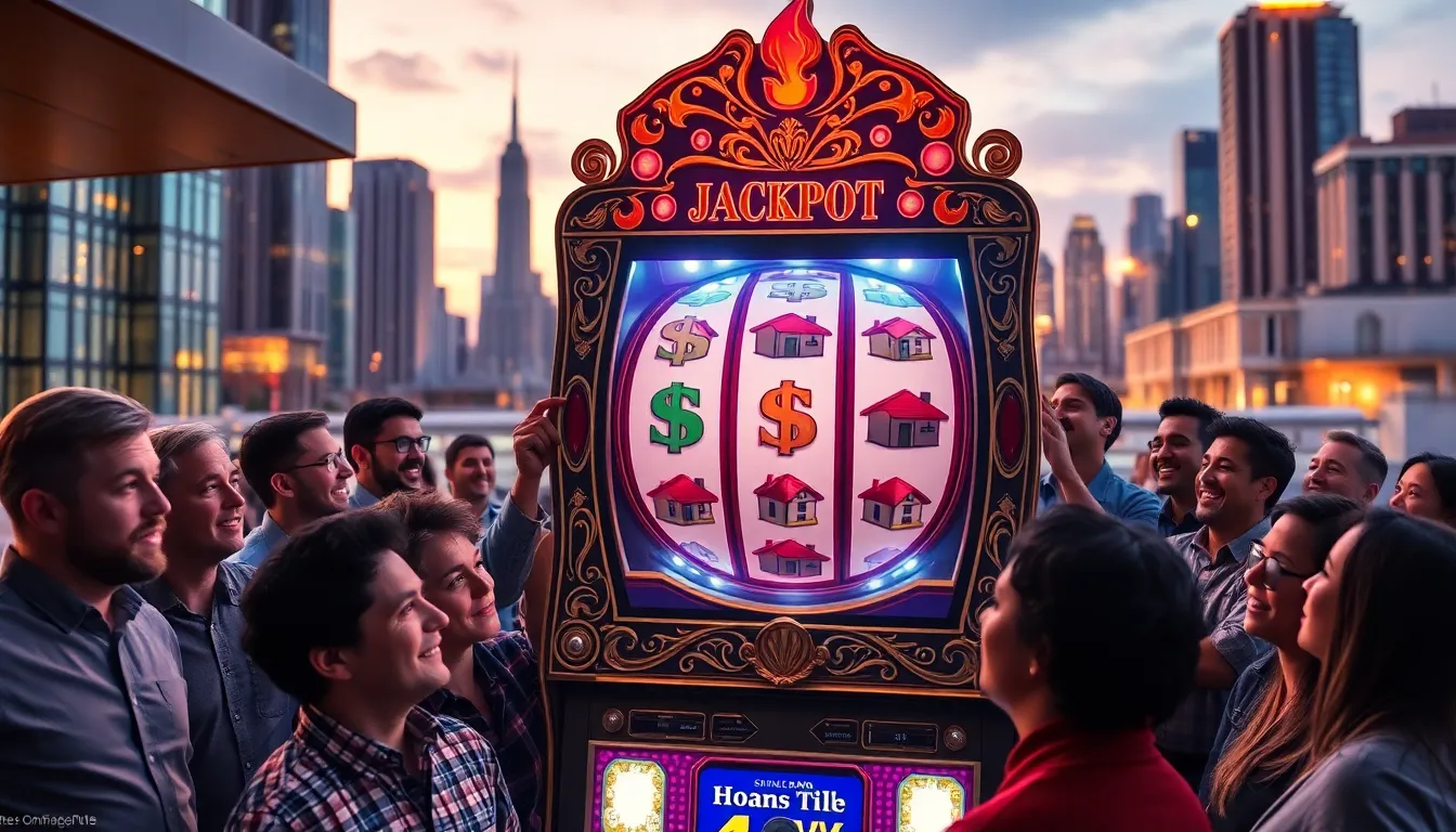 people excitedly watching a jackpot machine in a real estate setting.