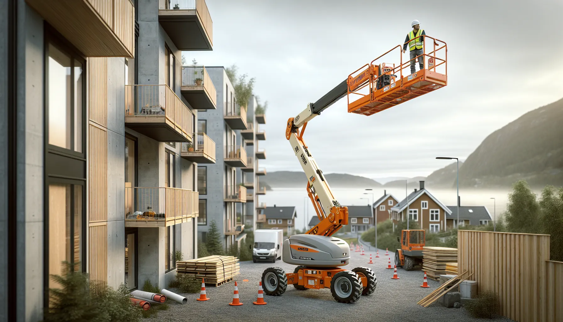 Construction worker in a boom lift reaching over a building facade obstacle.