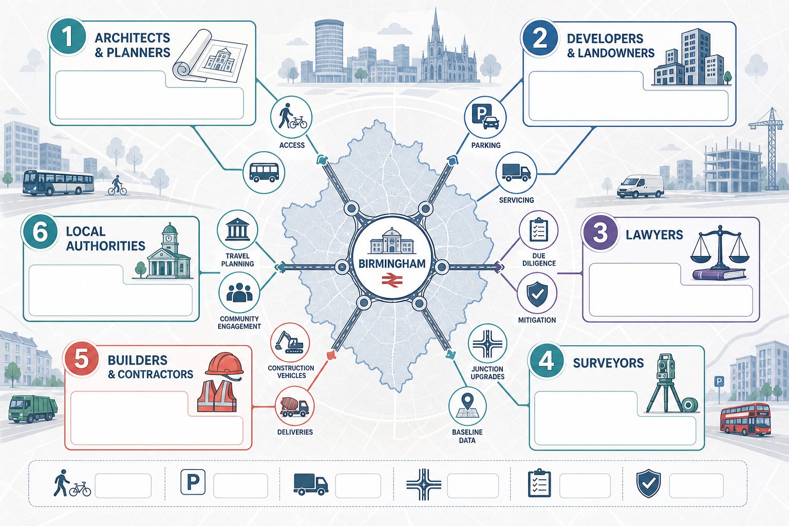 Infographic showing who needs transport advice in Birmingham development projects.