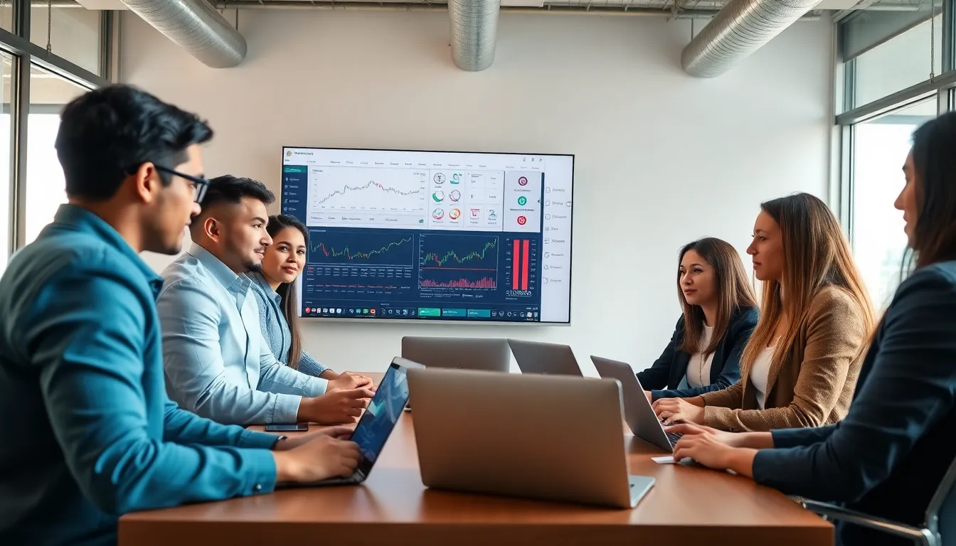 diverse professionals collaborating on trading strategies in a modern office.