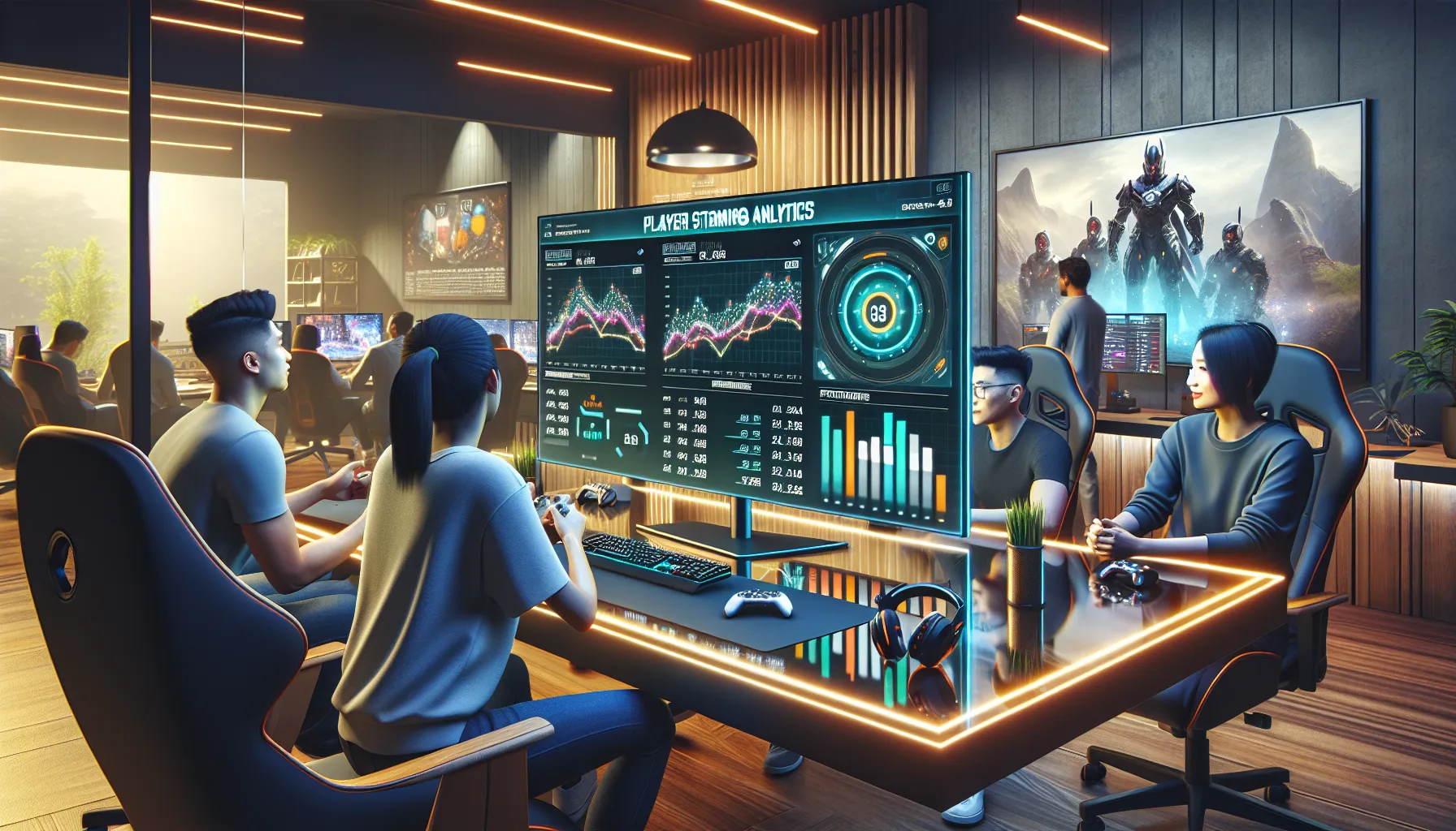 gamers discussing strategy with analytics on a modern gaming interface.