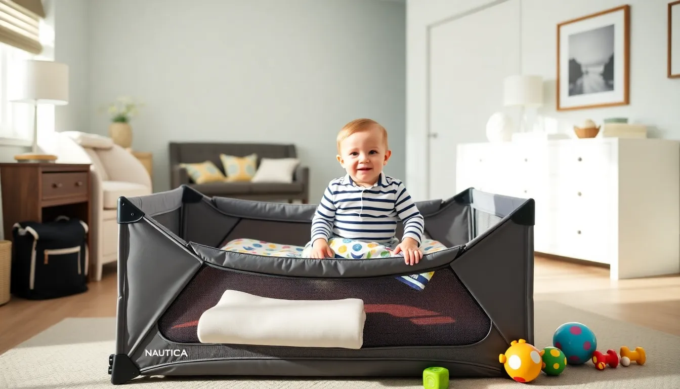 baby boy in a stylish travel crib surrounded by Nautica gear.