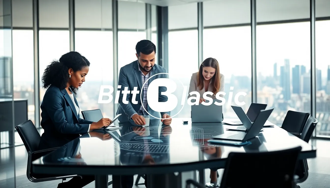 diverse professionals discussing cryptocurrency in a modern office setting.