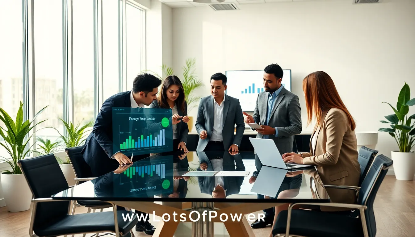 diverse team discussing power solutions in a modern office.