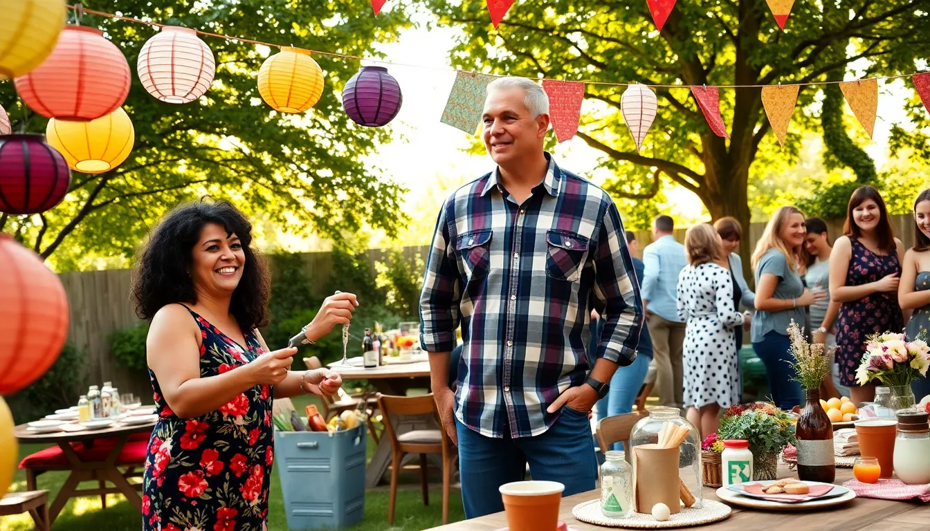 a community gathering in a backyard with handmade decorations and smiling participants.