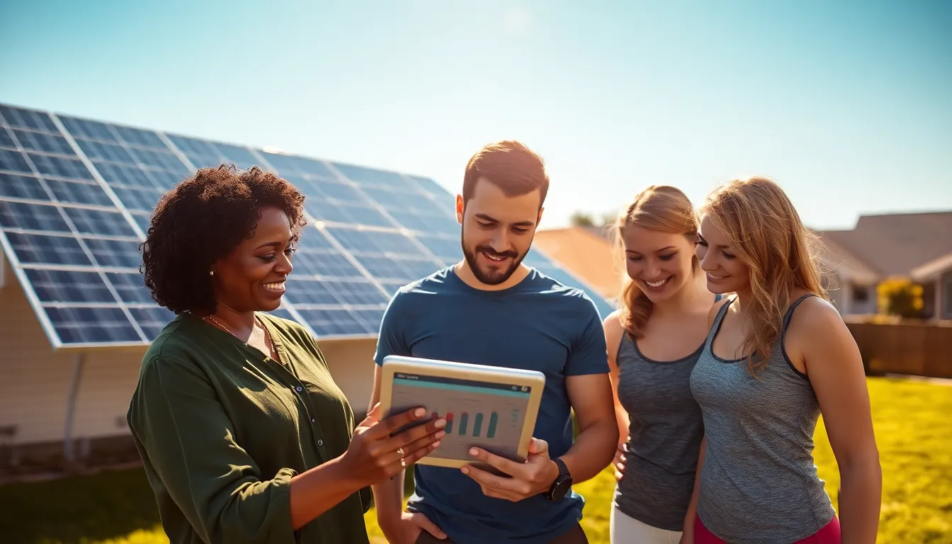 a diverse group discussing solar power solutions on a rooftop.