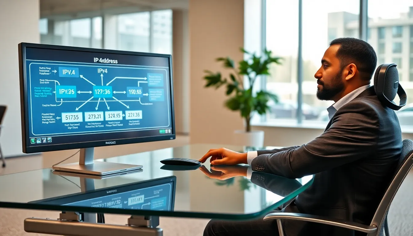 professional working with IP address visualizations in a modern office.
