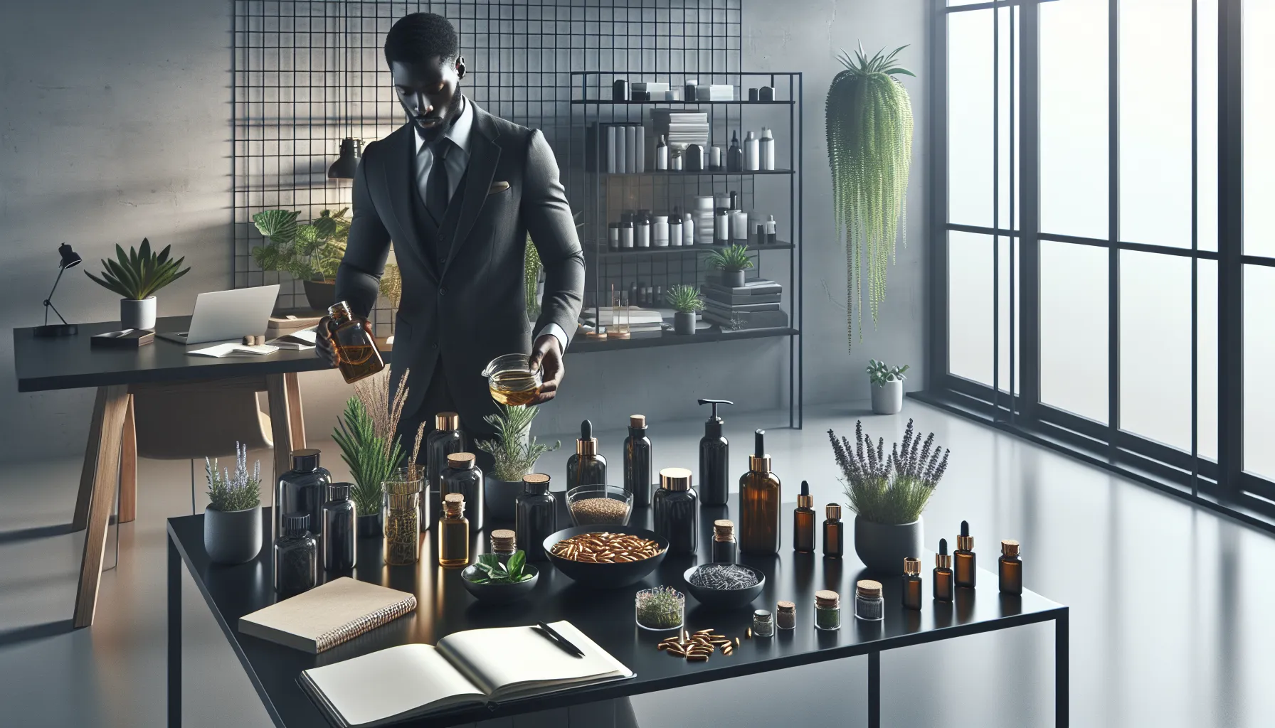 diverse professional examining hair care ingredients in a modern workspace.