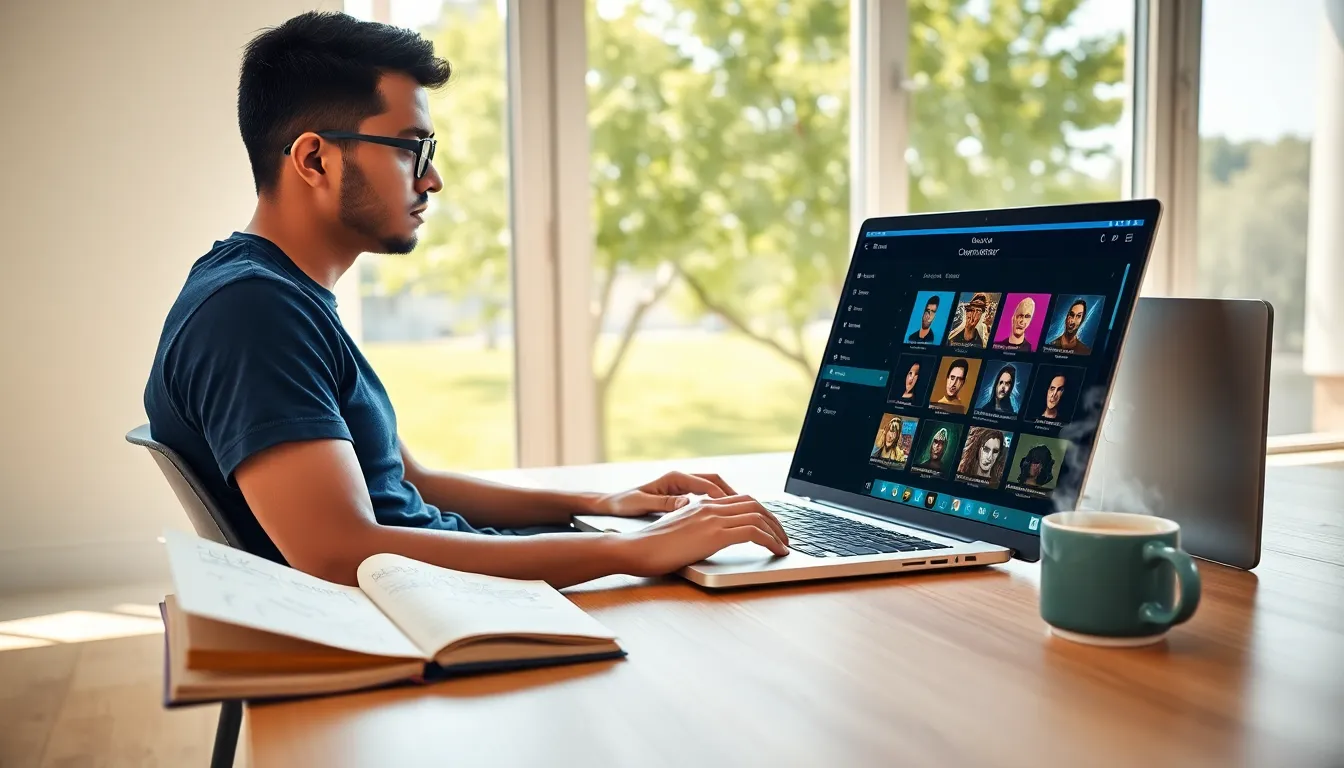 A young man using the CK2Generator tool on his laptop at a workspace.