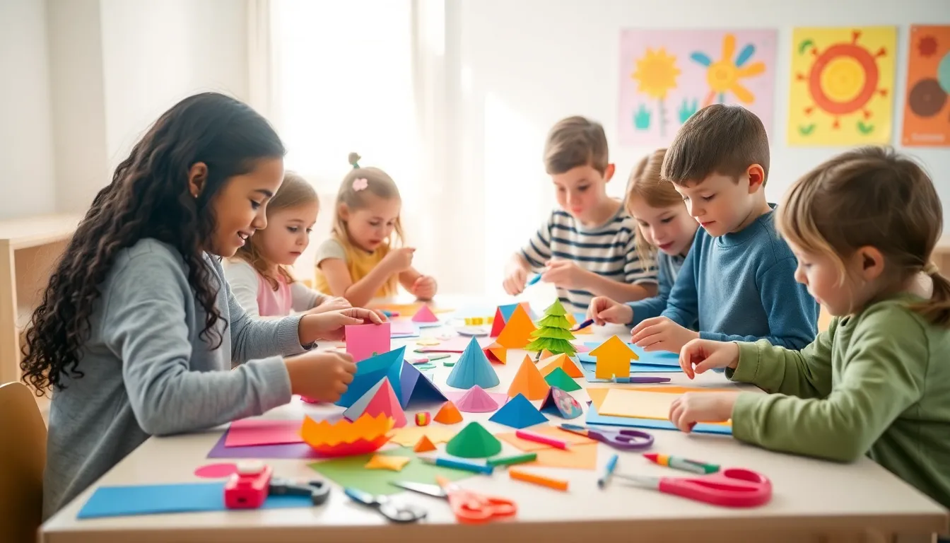 Children engaged in DIY paper crafts in a bright classroom.