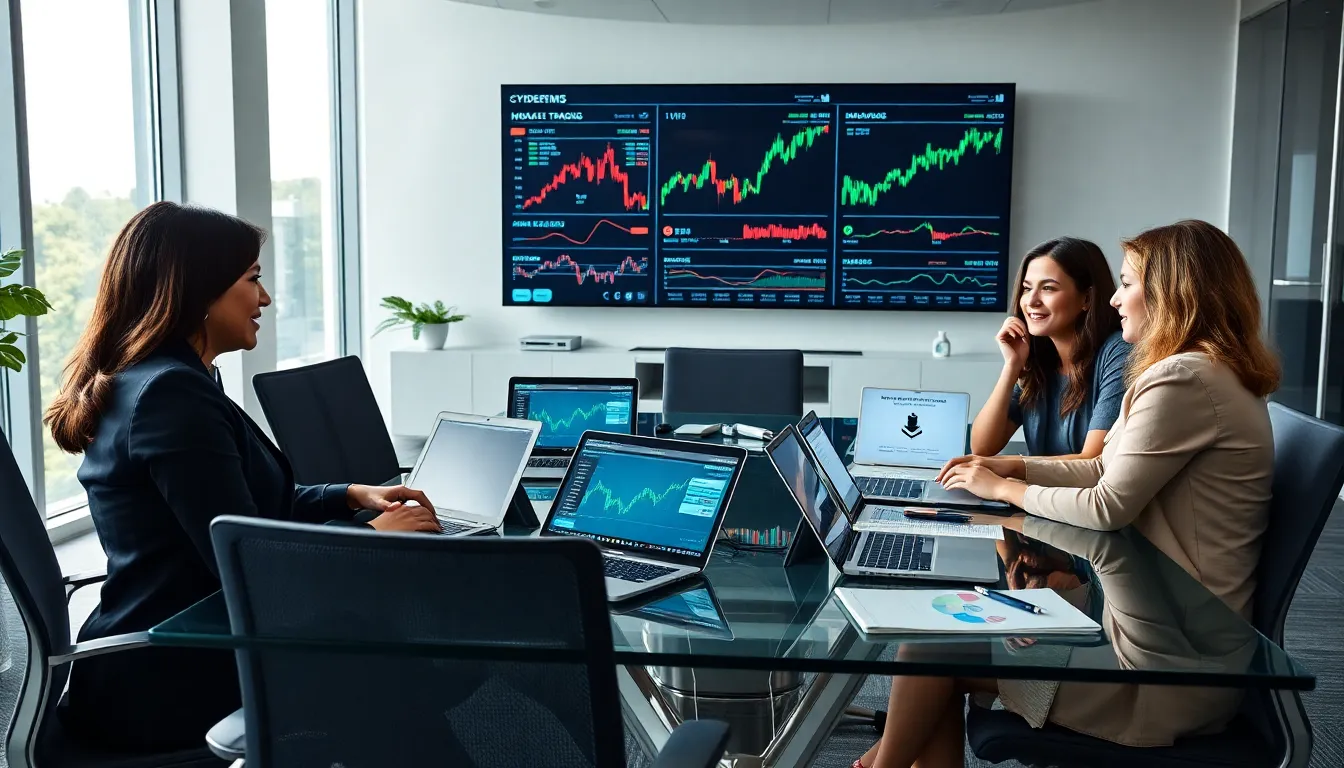 diverse professionals collaborating in a modern workspace focused on cryptocurrency trading.