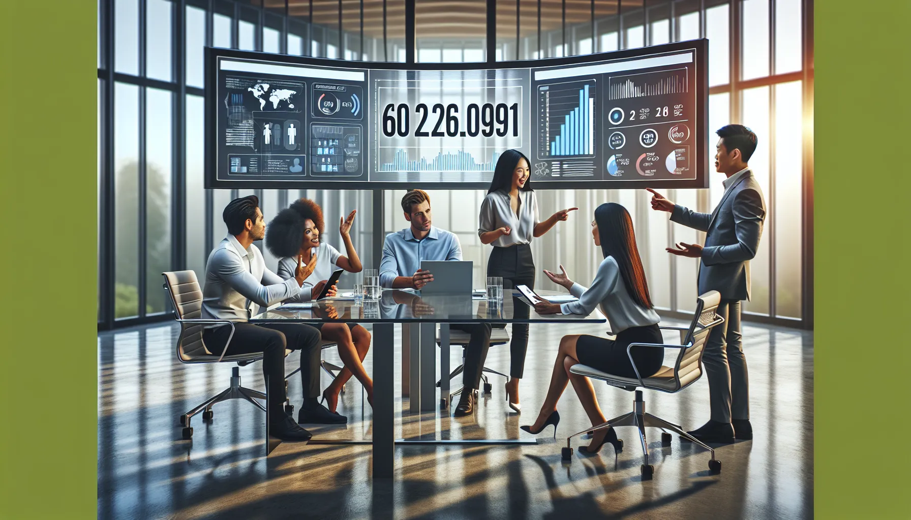 professionals discussing a telecommunications strategy in a modern office.