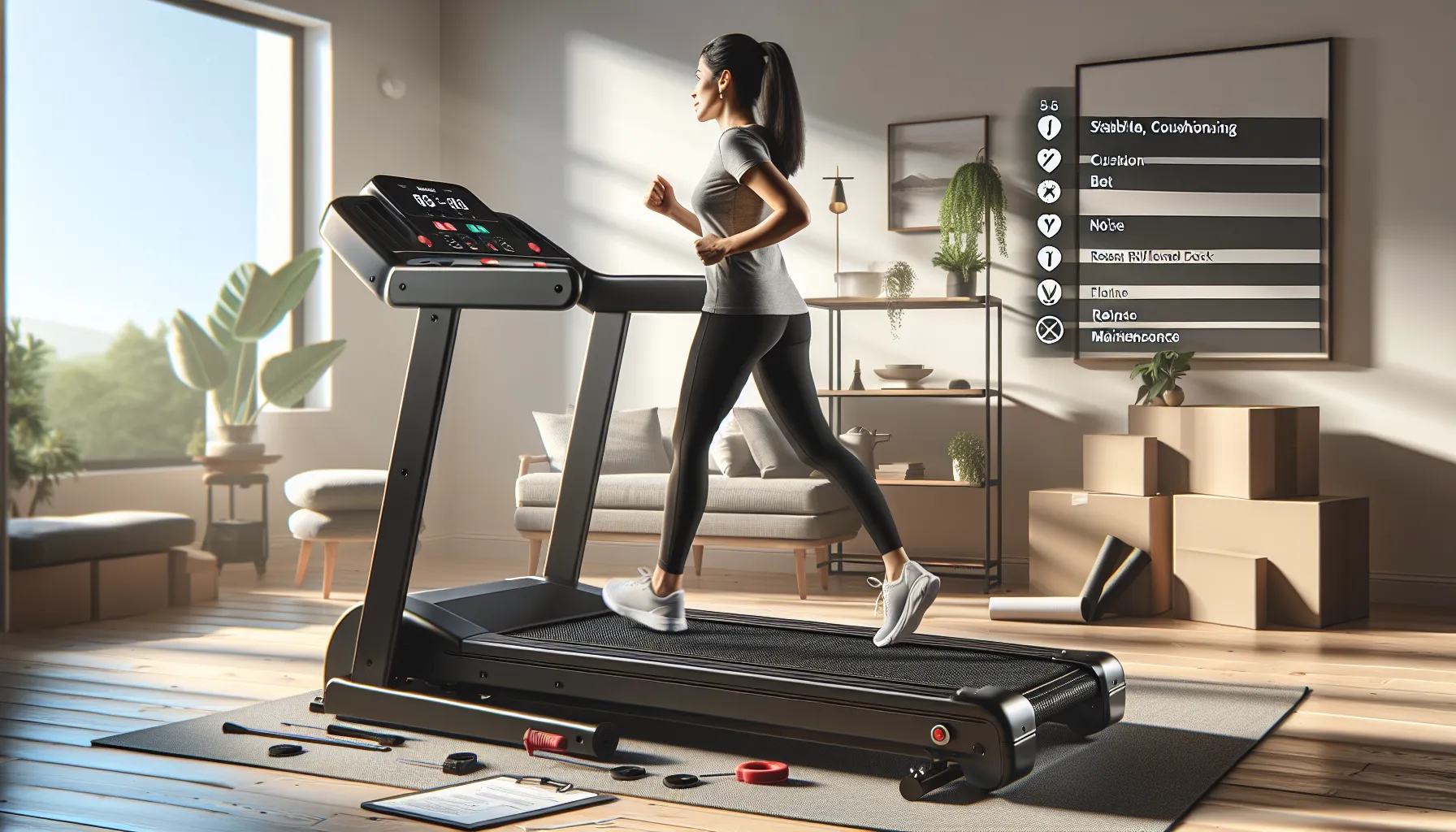 Woman testing a beginner treadmill with sound meter, tape measure, and tools.
