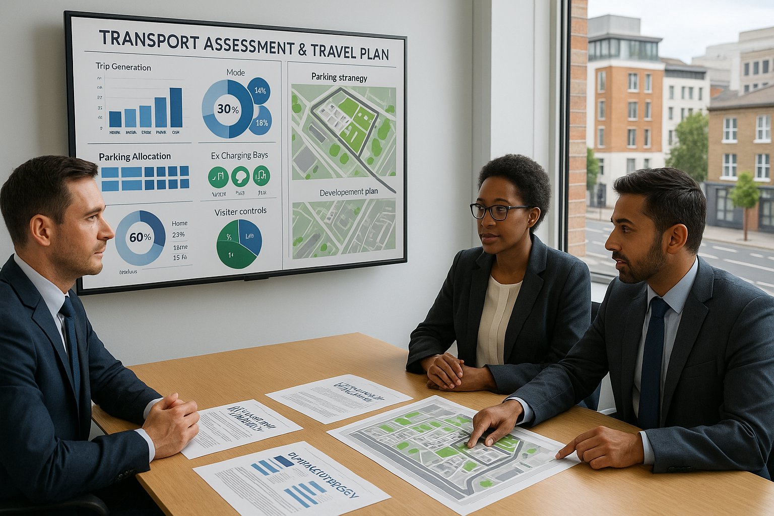Transport planners reviewing parking strategy and travel planning in a modern office.