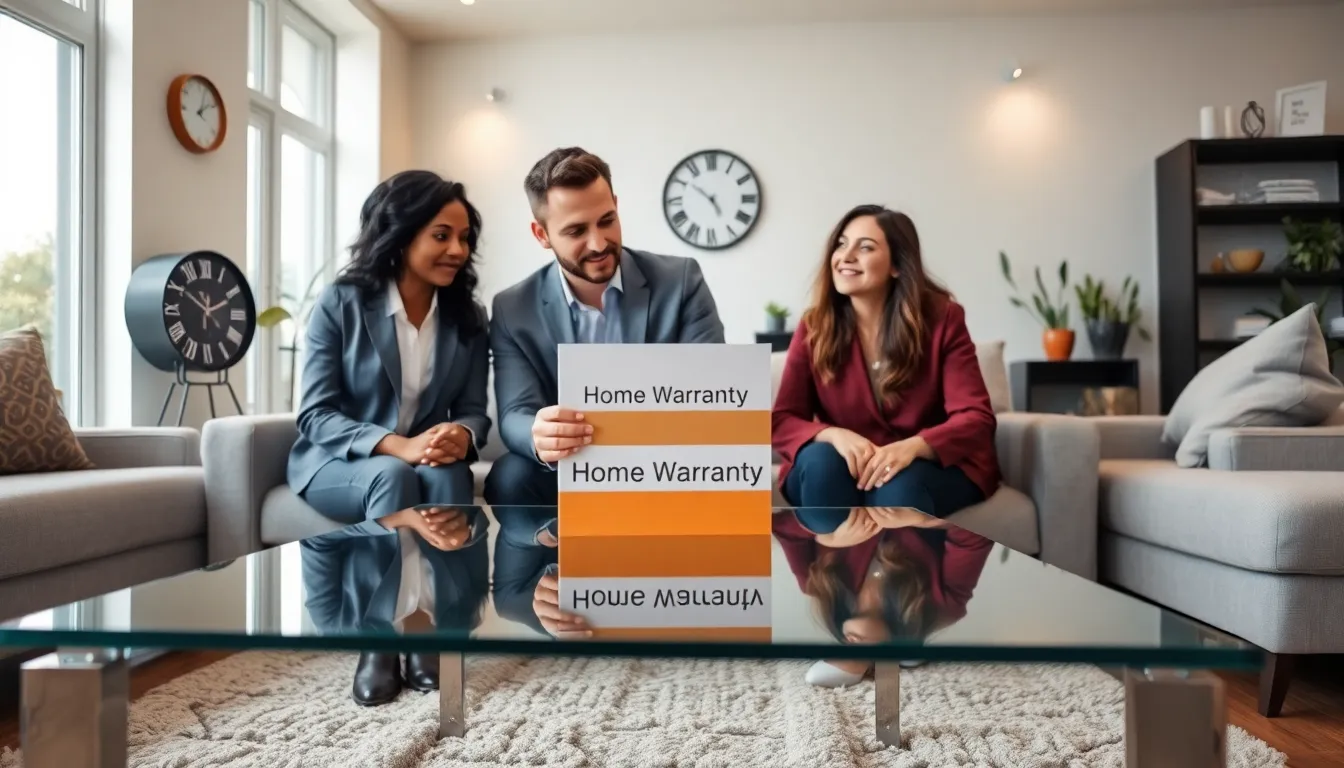 diverse professionals discussing home warranty features in a modern living room setting.