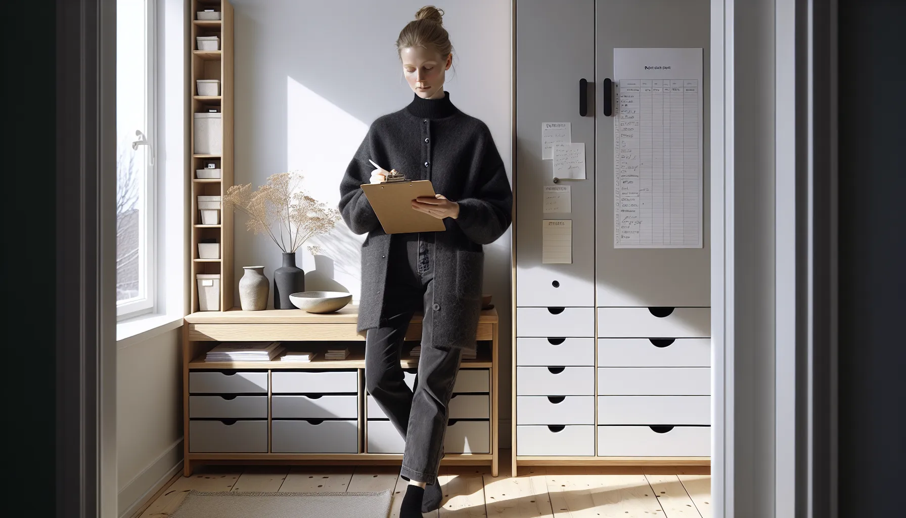 Slik bruker du lagerplass for å støtte en minimalistisk livsstil 2 Norwegian homeowner organizes entry storage with labeled daily, weekly, seasonal, archive zones.