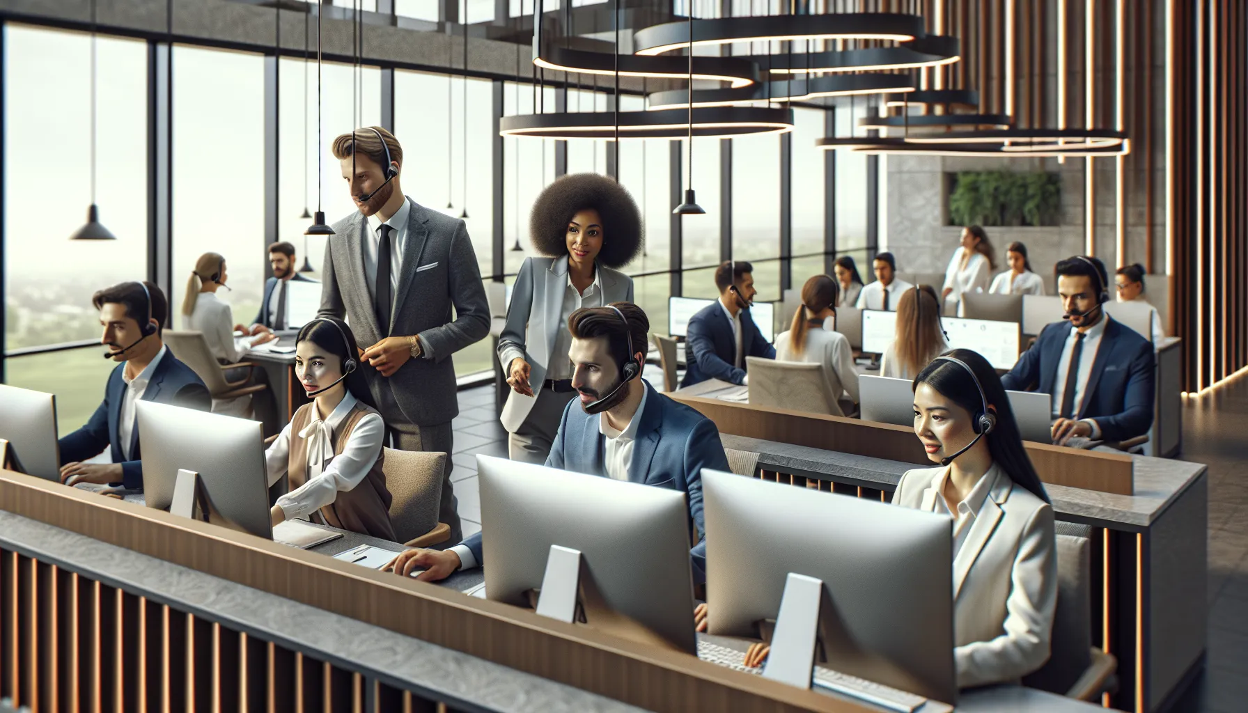Customer support team working in a modern Turkish office setting.