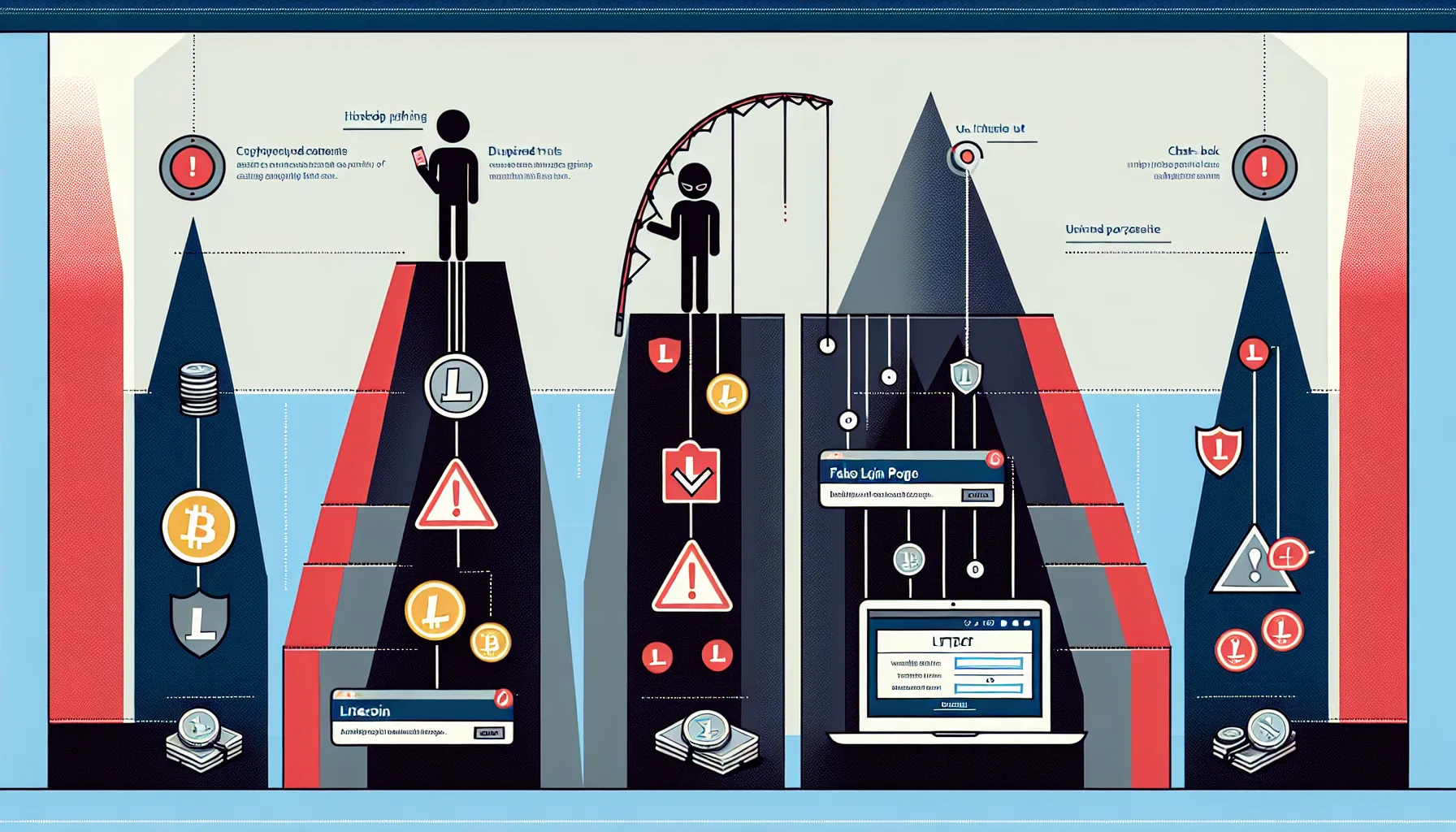 Infographic showing three common Litecoin scam types: phishing, social engineering, and Ponzi schemes.