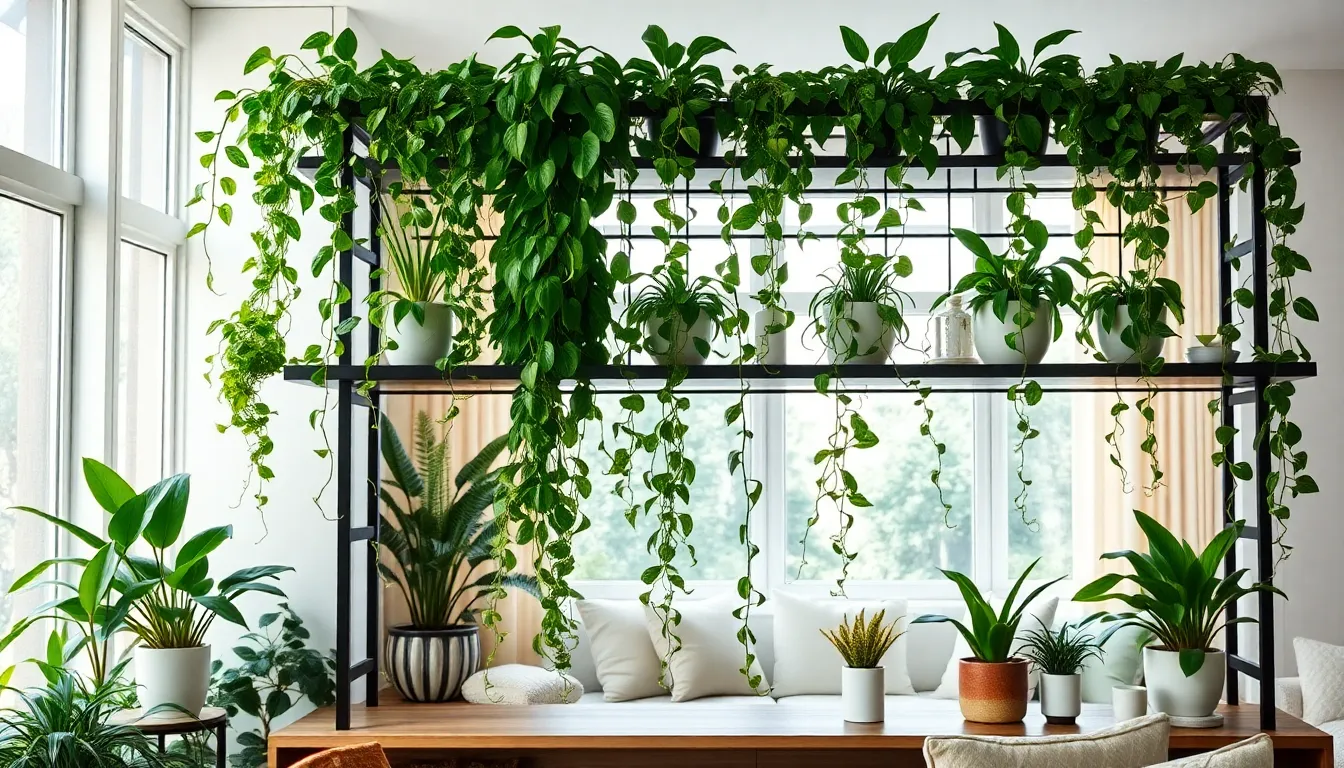variety of viney house plants in a modern living room.