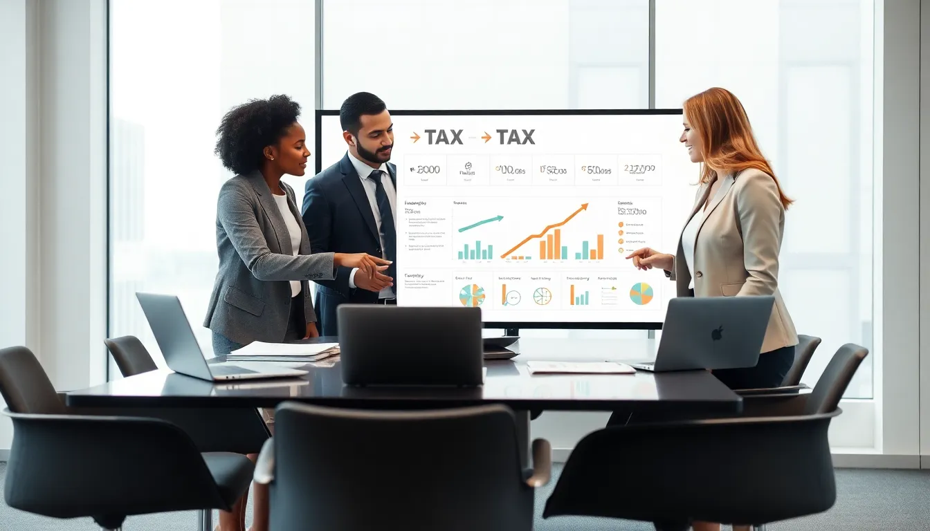 diverse financial advisors discussing tax optimization in a modern office.