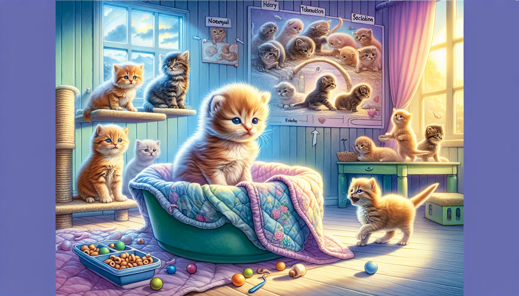 kittens at different stages of development in a cozy nursery setting.