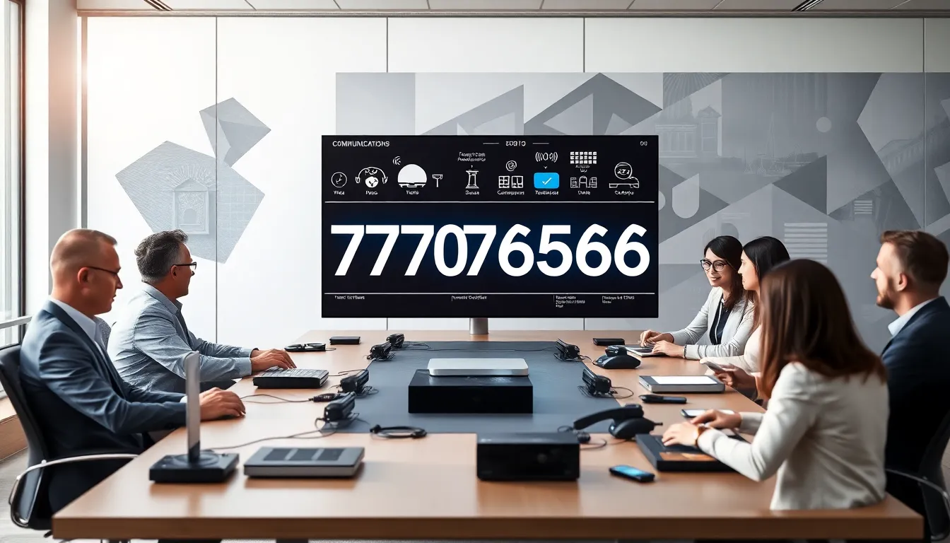 Professionals discussing communication technology in a modern workspace.