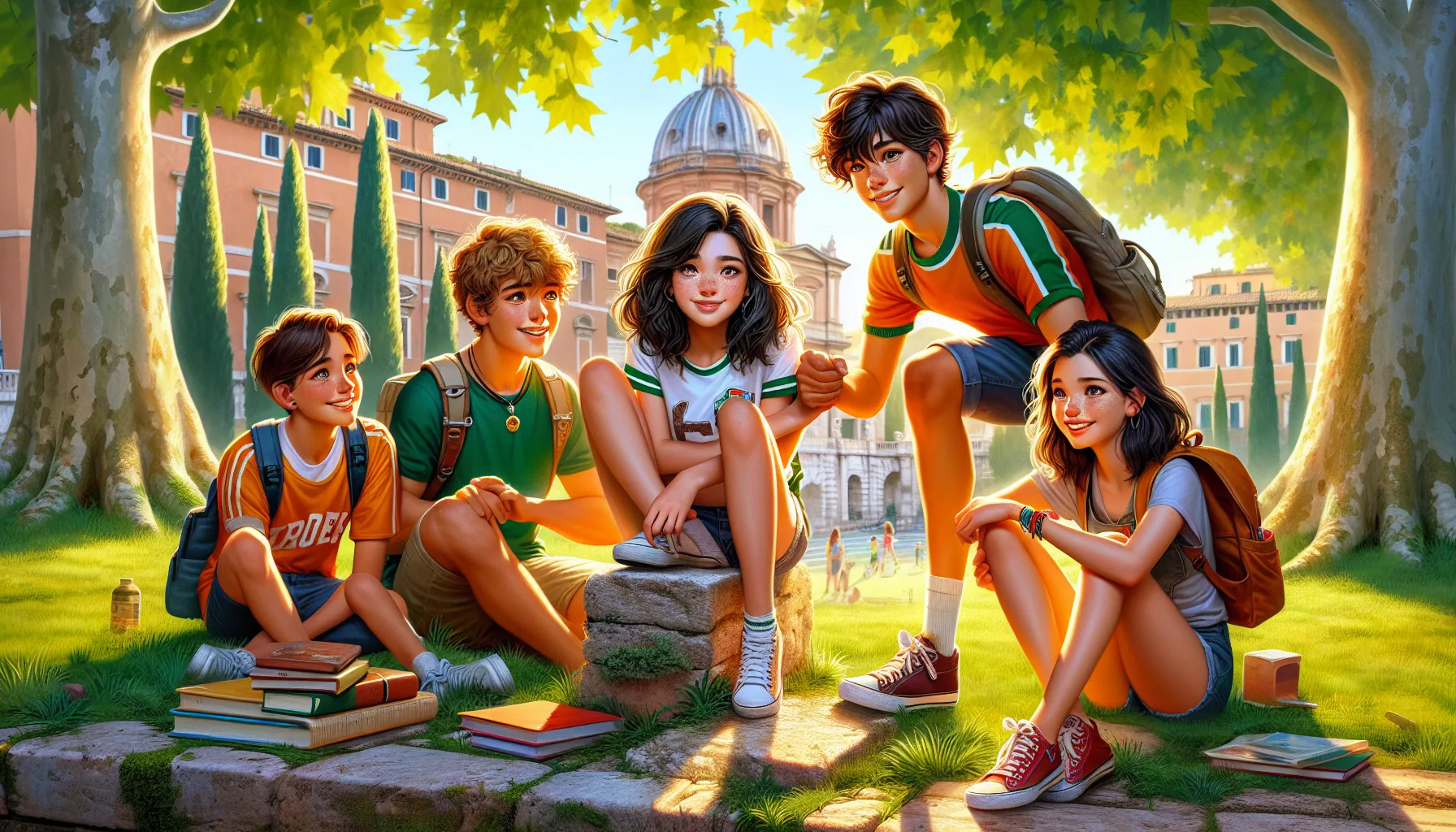 a group of Italian preteens encouraging a friend in a sunny city park