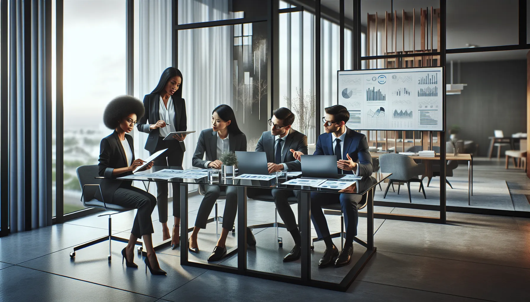 diverse team discussing data in a modern office.