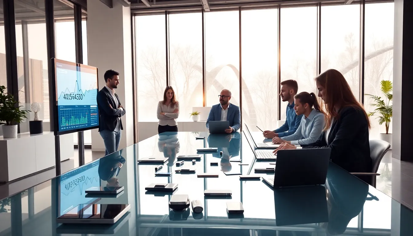 diverse team collaborating on data analysis in a modern office.